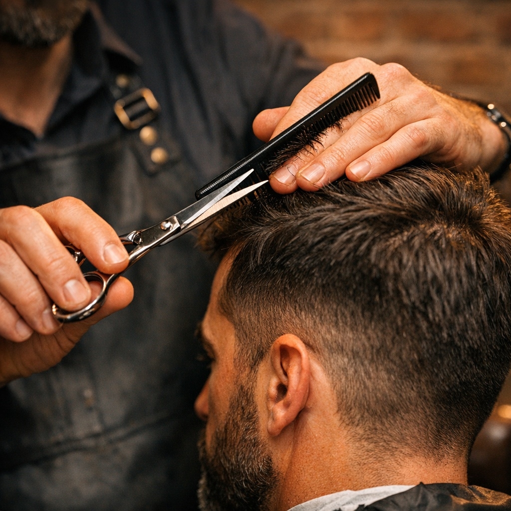 Barber giving a precision haircut
