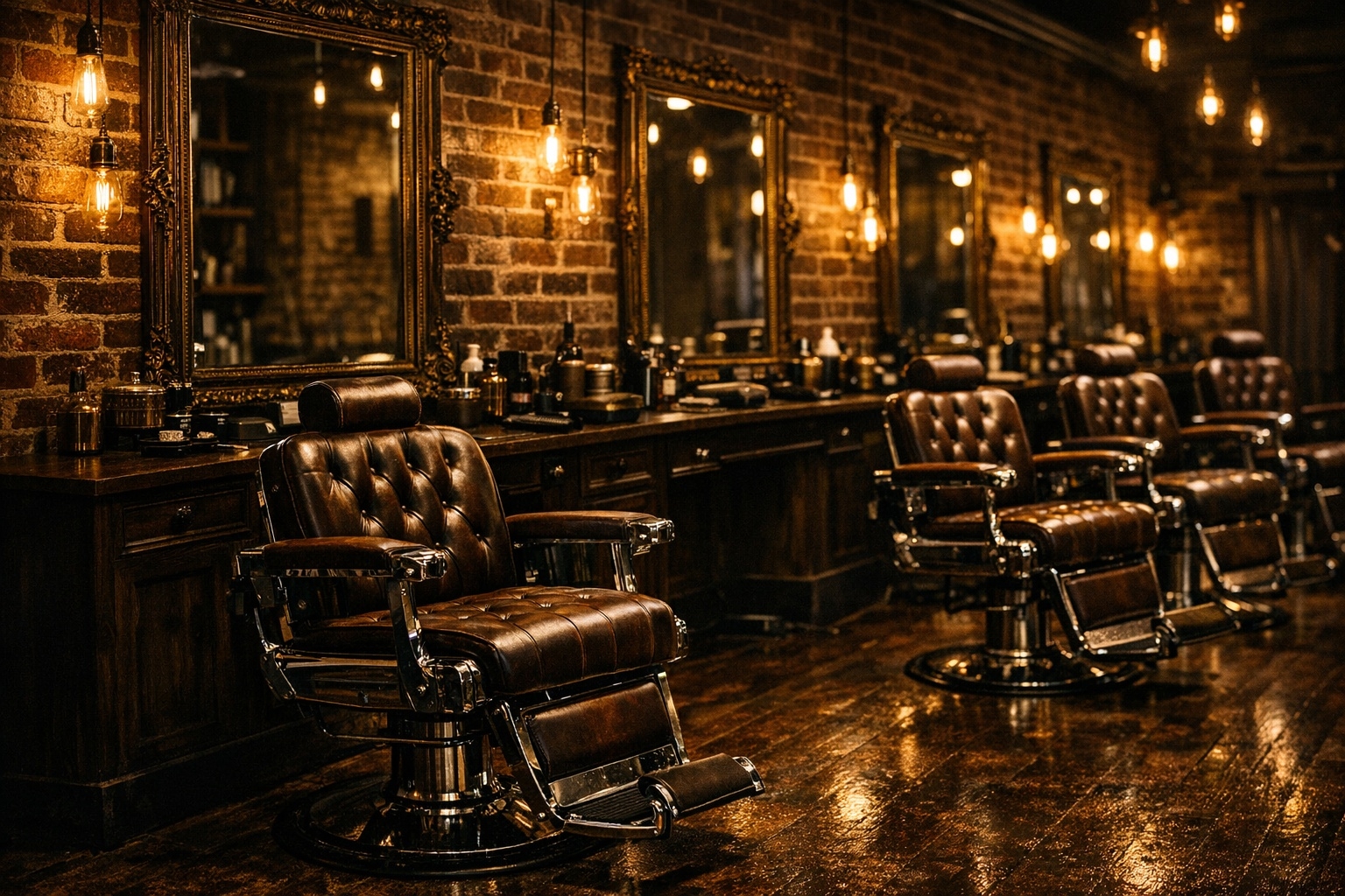 Iron & Oak barbershop interior with leather chairs
