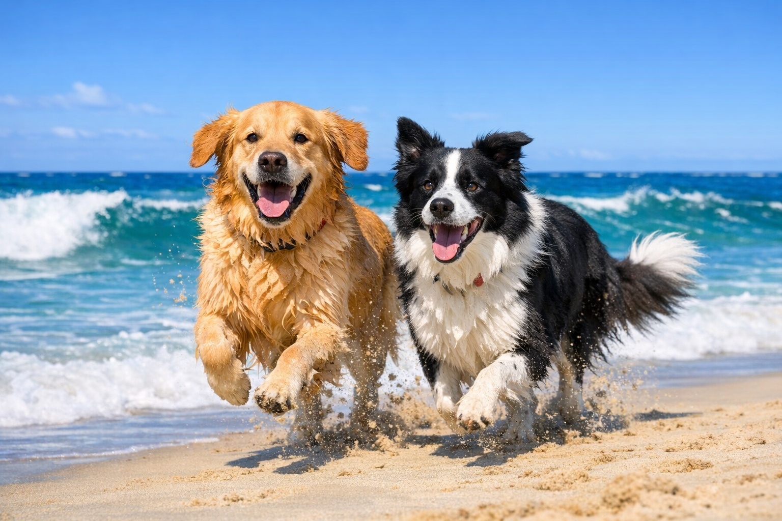Happy dogs running on the beach in San Diego
